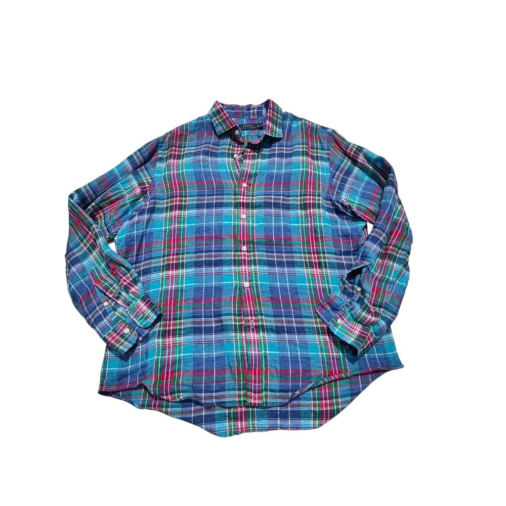 Polo Ralph Lauren Linen Button Down Blue, Green, Pink Plaid Long Sleeve XL